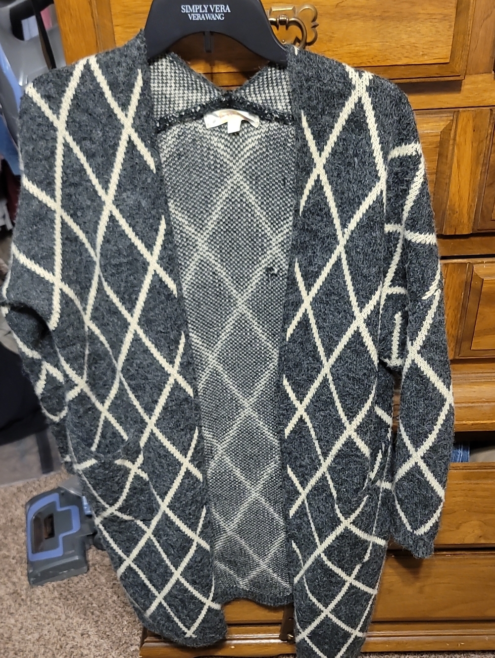 Open-Front Diamond Pattern Cardigan Sweater - Charcoal & Cream
